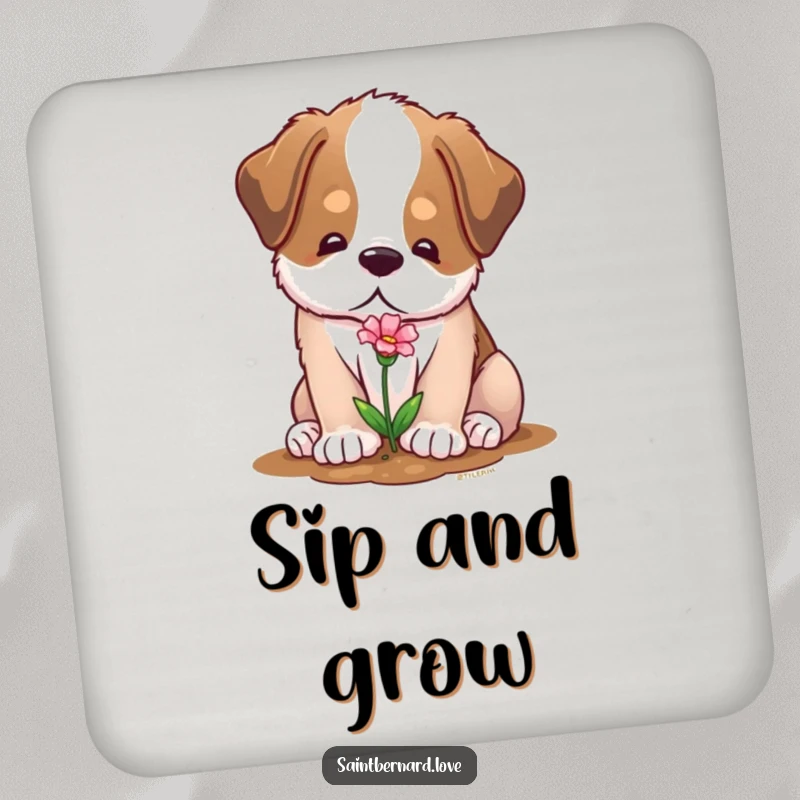 Funny drink coasters featuring a soft Saint Bernard character with a gentle expression, planting a tiny flower, protecting surfaces.