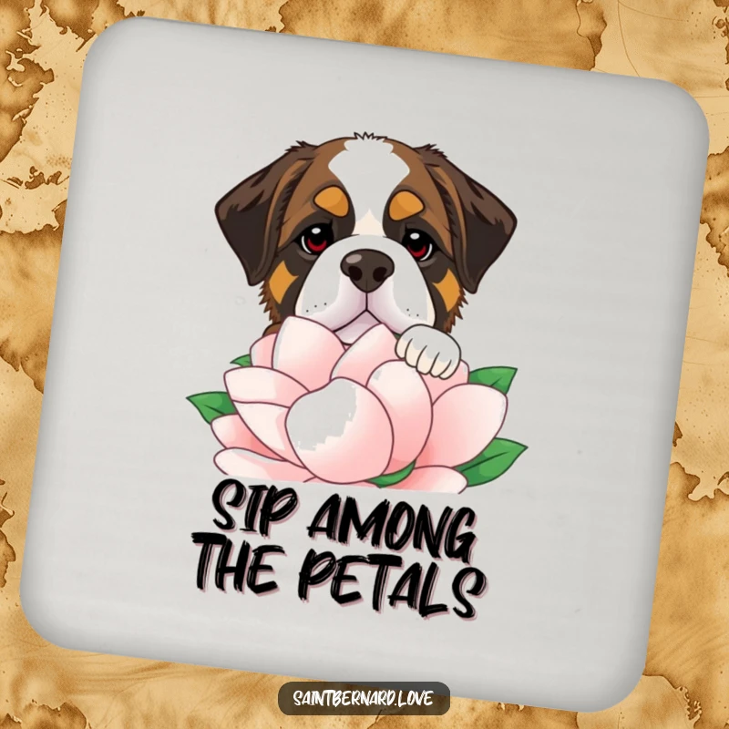 Funny Saint Bernard drink coasters with a comical dog peeking over a flower, protecting surfaces with a touch of humor.