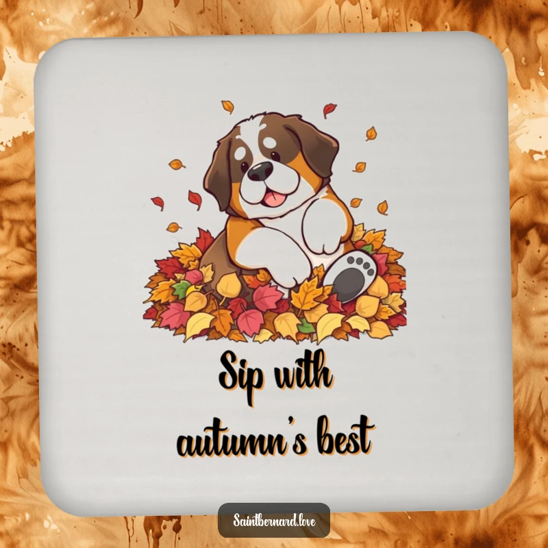 Funny Saint Bernard drink coasters featuring a large dog rolling in a pile of autumn leaves, adding seasonal humor and protection.