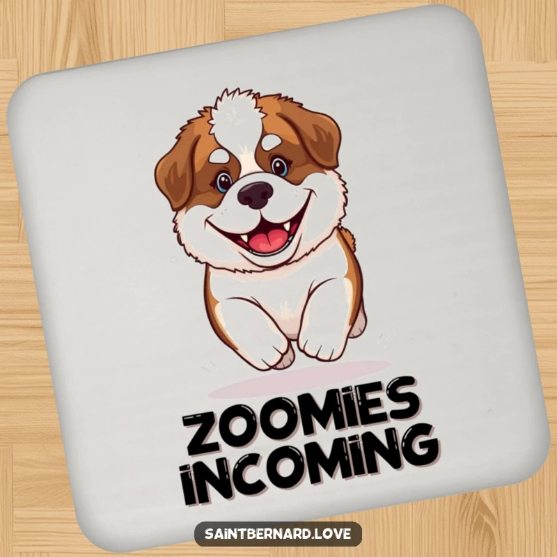 Funny Saint Bernard Puppy Coaster featuring a fluffy dog with a wide, happy grin, protecting surfaces with canine charm.