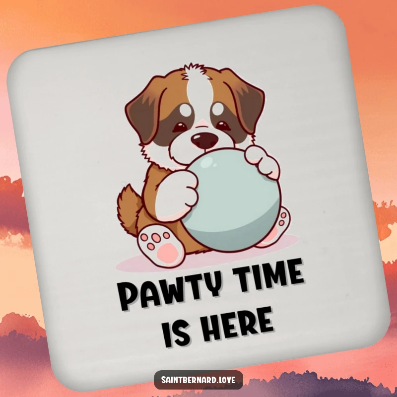 Funny Saint Bernard coasters, kawaii dog with big paws playing large ball, playful humorous drinkware, set of protective mats, ideal funny gift for homes.