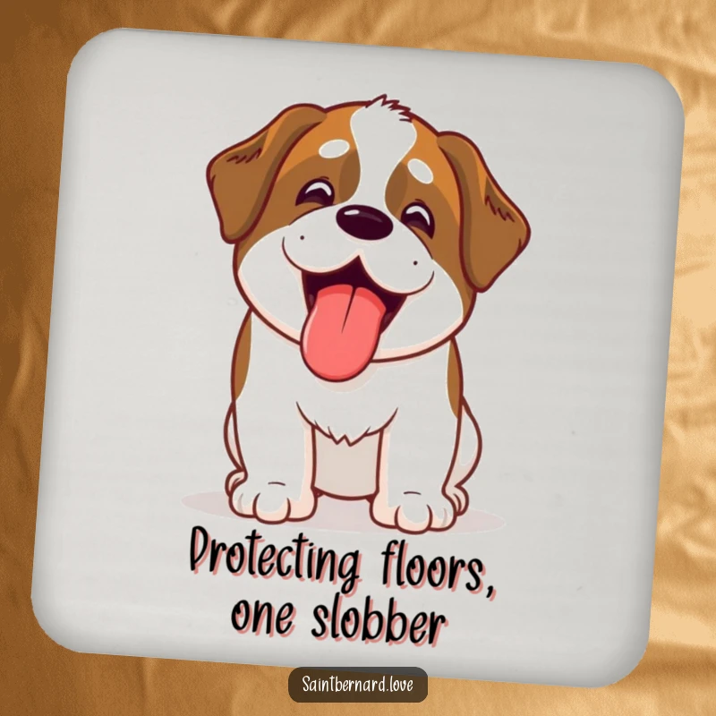 Funny Kawaii Saint Bernard drink coasters, a cute dog panting with its tongue out, protecting surfaces with humor.