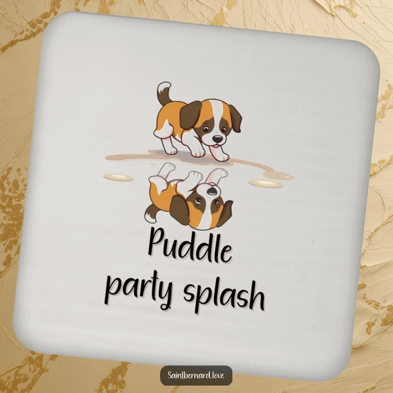 Funny Saint Bernard Puddle Coaster featuring a dog with a wagging tail, joyfully chasing its reflection, protecting surfaces with charm.