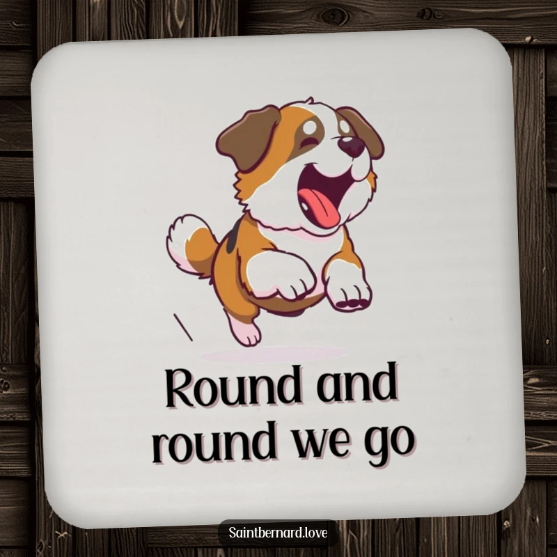 Funny Saint Bernard drink coasters featuring a large dog comically chasing its tail, adding humor and protecting surfaces.
