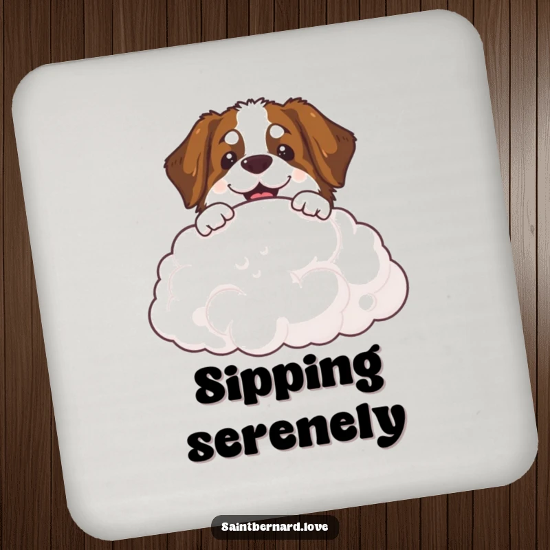 Funny Saint Bernard cloud drink coaster with a smiling dog peeking over a fluffy cloud, perfect for tables.
