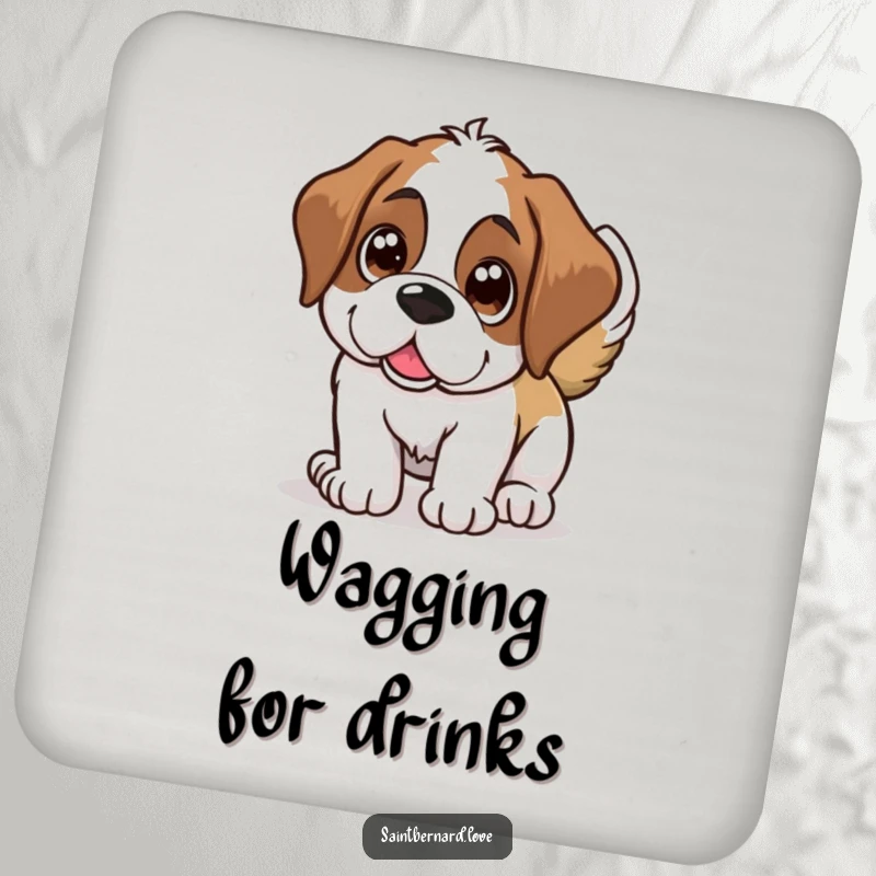 Funny Saint Bernard coasters, a happy dog wagging its tail, protective and humorous table accessory.