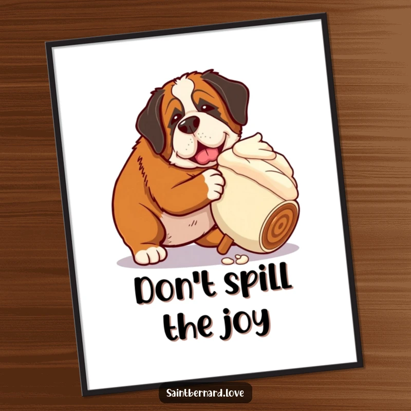 Funny Saint Bernard poster art of a dog nudging a giant, melting ice cream cone, perfect for adding whimsical, dessert-themed humor to any room.