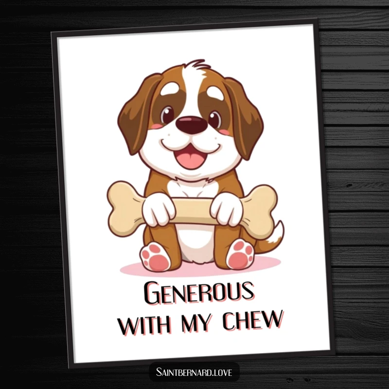 Funny Saint Bernard poster, kawaii dog offering giant bone with smile, generous humorous wall art, heartwarming illustration, perfect funny gift for dog owners.
