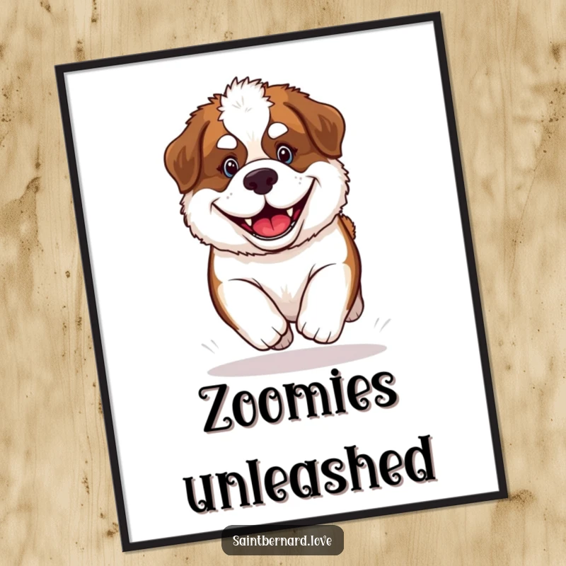 Funny Saint Bernard Puppy Poster showcasing a fluffy dog with an enormous grin, radiating pure happiness and playful energy on your wall.