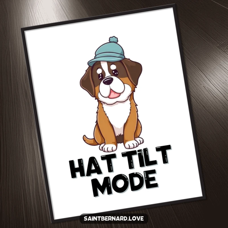 Funny Saint Bernard Hat Poster depicting a dog in a small hat, tilting its head inquisitively, adding a whimsical touch to decor.
