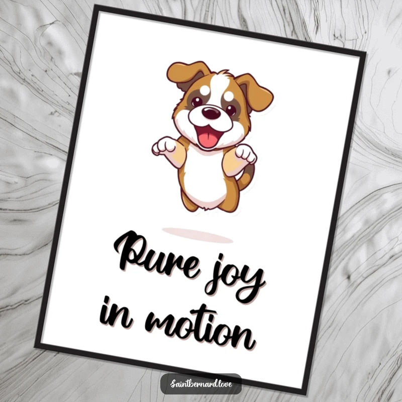 Funny Kawaii Saint Bernard Poster showing a cute dog with floppy ears doing a happy jump, full of life and energy.