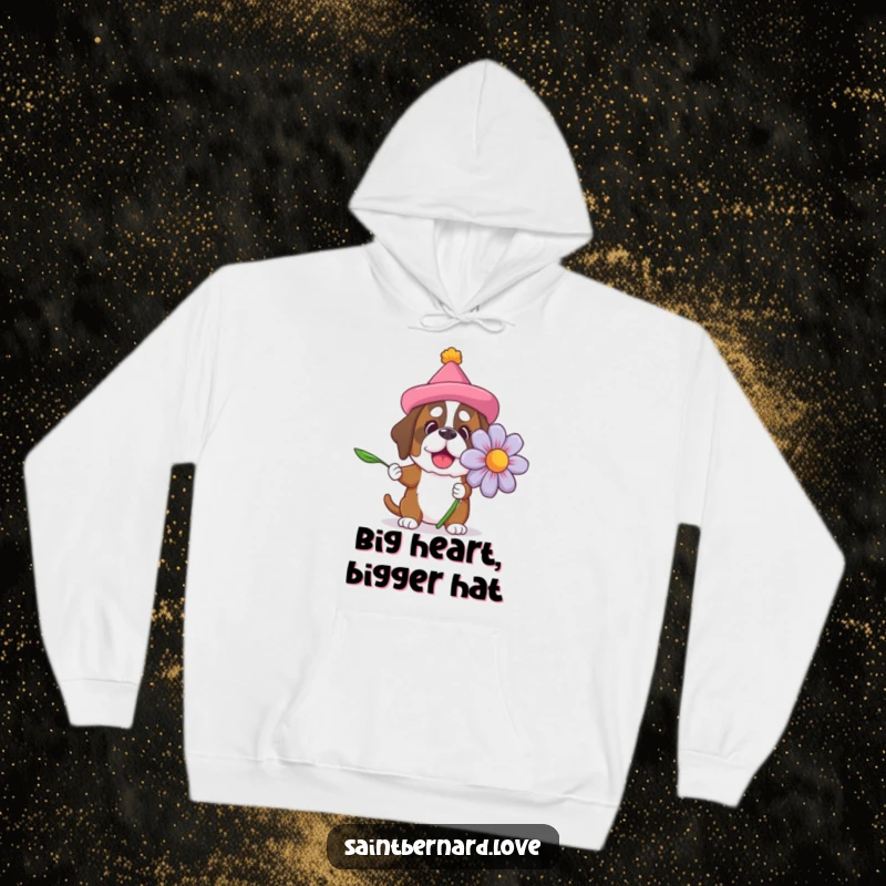 Funny Saint Bernard hoodie featuring a dog in a funny hat offering a giant flower, perfect for cozy humor and dog appreciation.