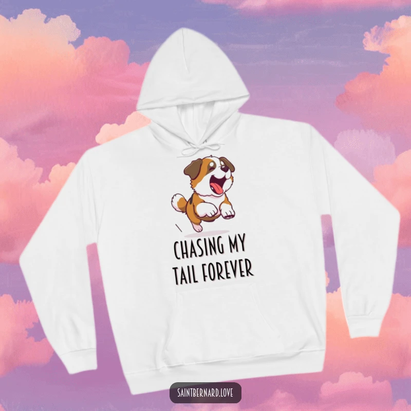 Funny Saint Bernard hoodie featuring a large dog comically chasing its tail, radiating warmth and playful energy.