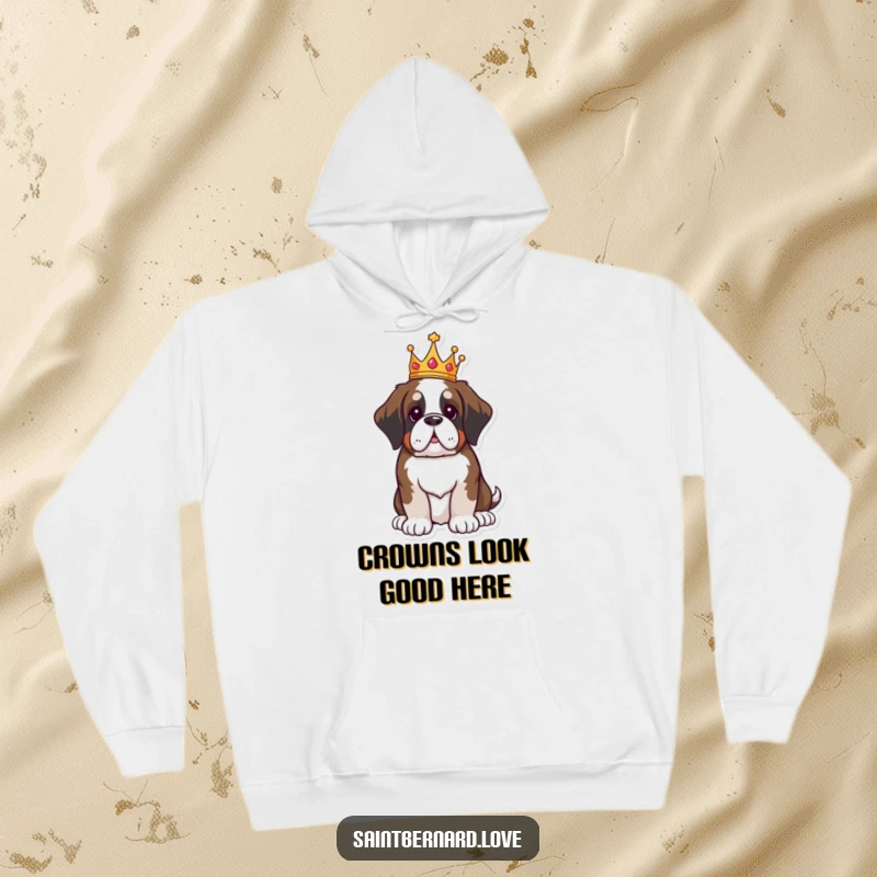 Funny Saint Bernard hoodie, kawaii dog with crown sitting proudly, royal and regal design, warm and cozy apparel, perfect funny gift for dog lovers.