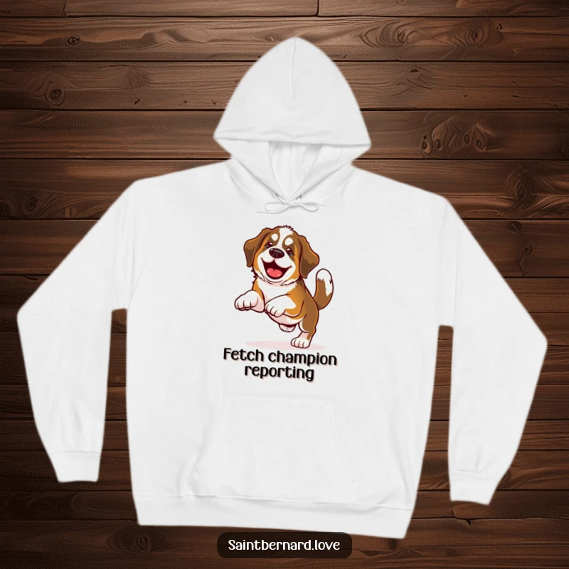 Funny Saint Bernard hoodie depicting a large, happy dog with an energetic wagging tail enthusiastically playing fetch, radiating pure fun.
