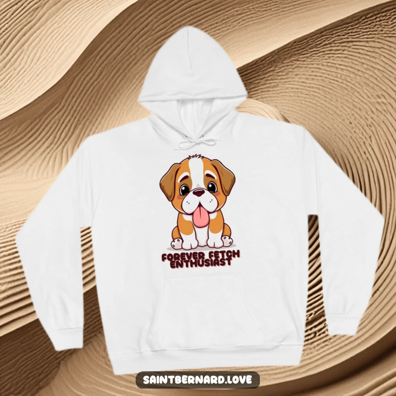 Funny Kawaii Saint Bernard hoodie, cozy and depicting a happy panting dog offering a cherished, slobbery toy.