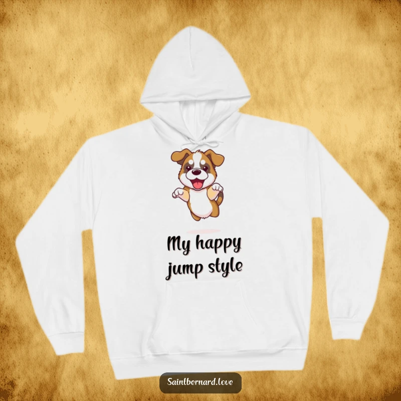 Funny Kawaii Saint Bernard Hoodie depicting a cute dog with floppy ears joyfully jumping, offering cozy comfort and energetic vibes.