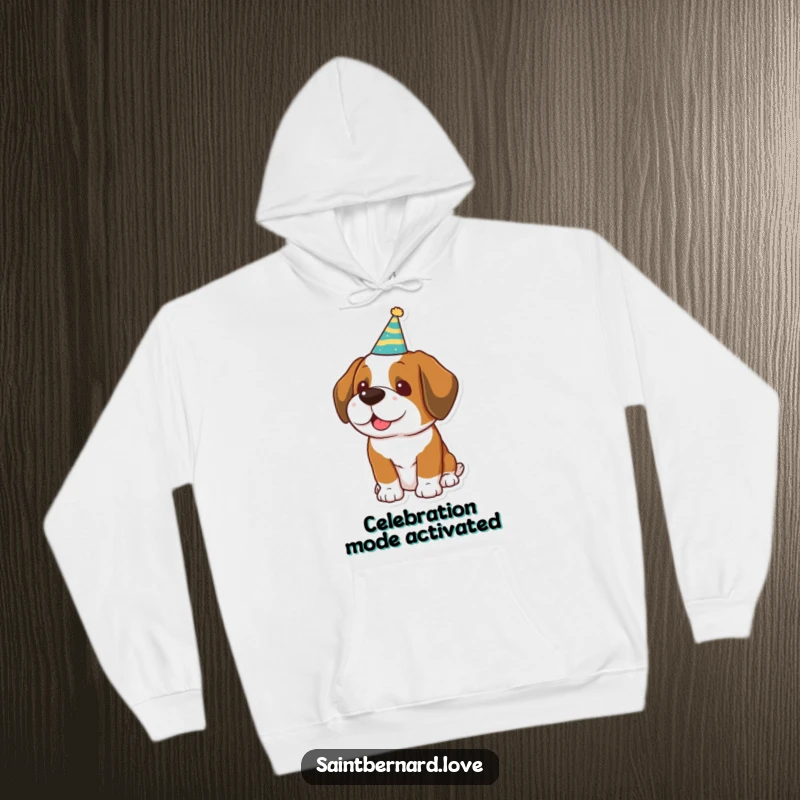 Funny Kawaii Saint Bernard Hoodie: A happy dog adorned with a tiny party hat, radiating festive joy.