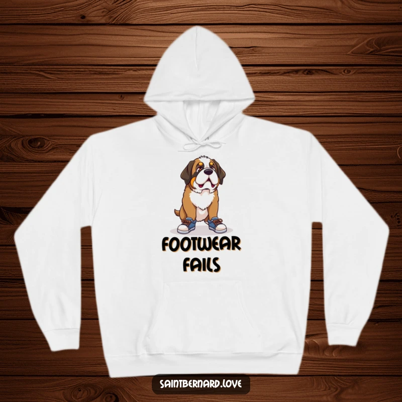 Funny Saint Bernard hoodie, a comfortable garment showing a dog with a funny expression attempting to wear shoes that are far too small.