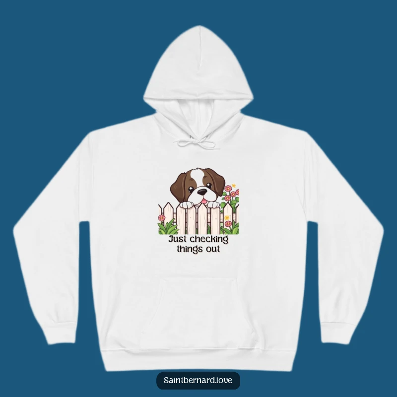 Stay warm and whimsical with this funny kawaii Saint Bernard hoodie, featuring a dog curiously peeking over a garden fence. Ultimate cozy humor.