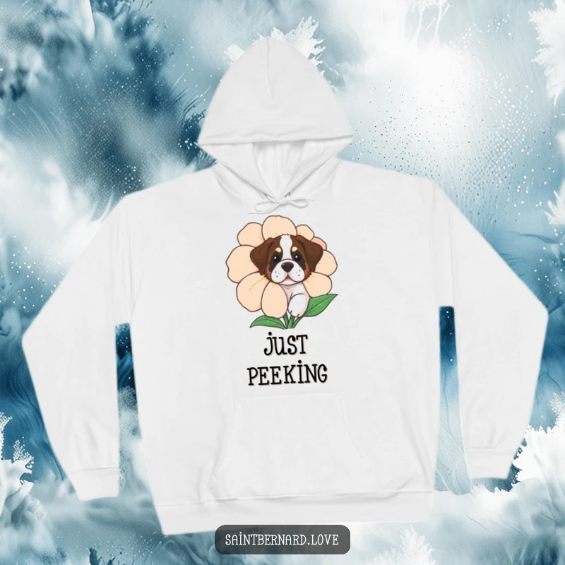 Funny Saint Bernard Hoodie, a curious dog peeking from behind a large flower, cozy and full of charm.