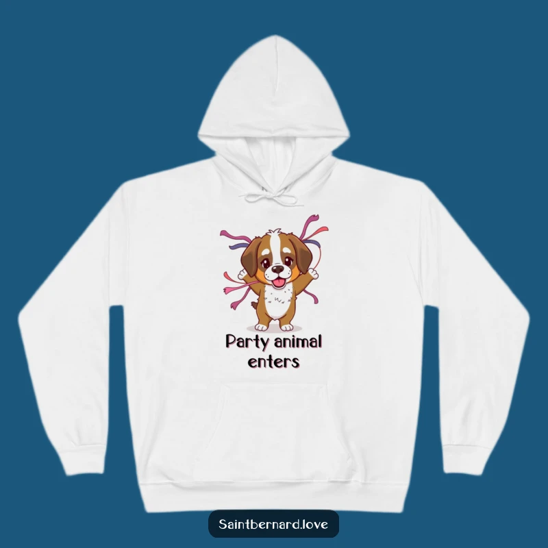 This hoodie features a Saint Bernard dancing with streamers. Stay warm and let the good times roll with this funny, celebratory design.