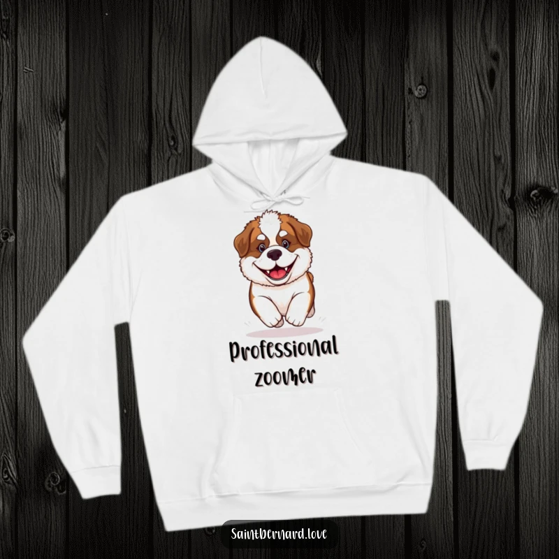 Funny Saint Bernard Puppy Hoodie featuring a content, fluffy dog with a wide, happy grin, symbolizing comfort and cheerfulness.