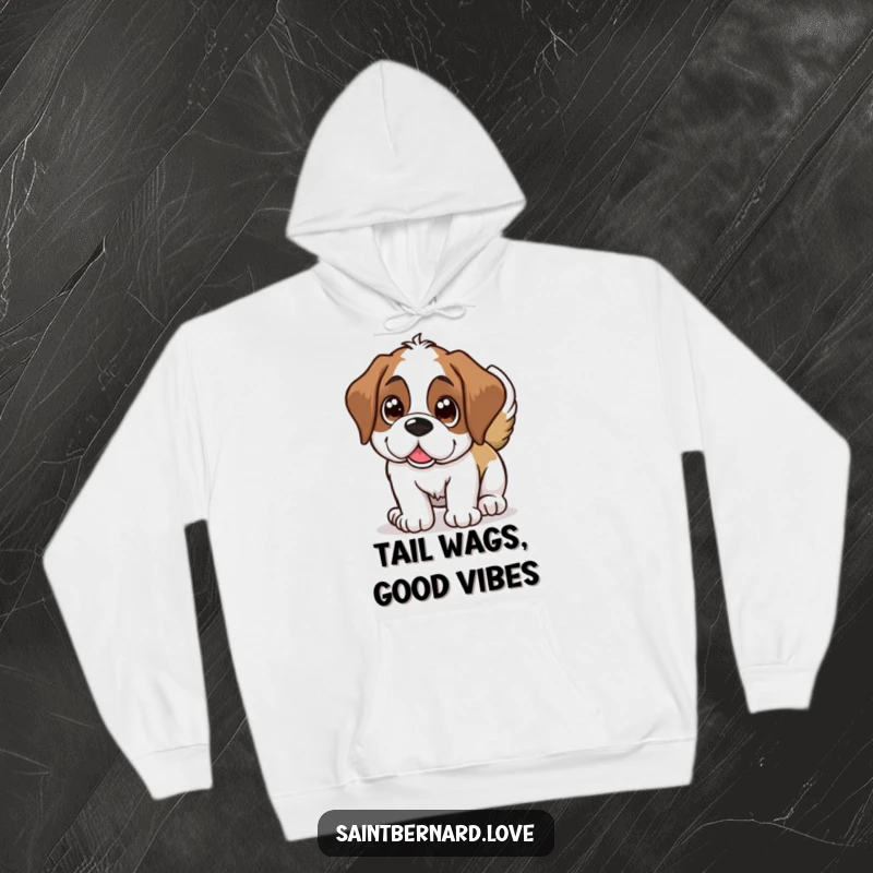 Funny Saint Bernard hoodie, a gentle giant dog with big eyes wagging its tail, comforting and humorous apparel.