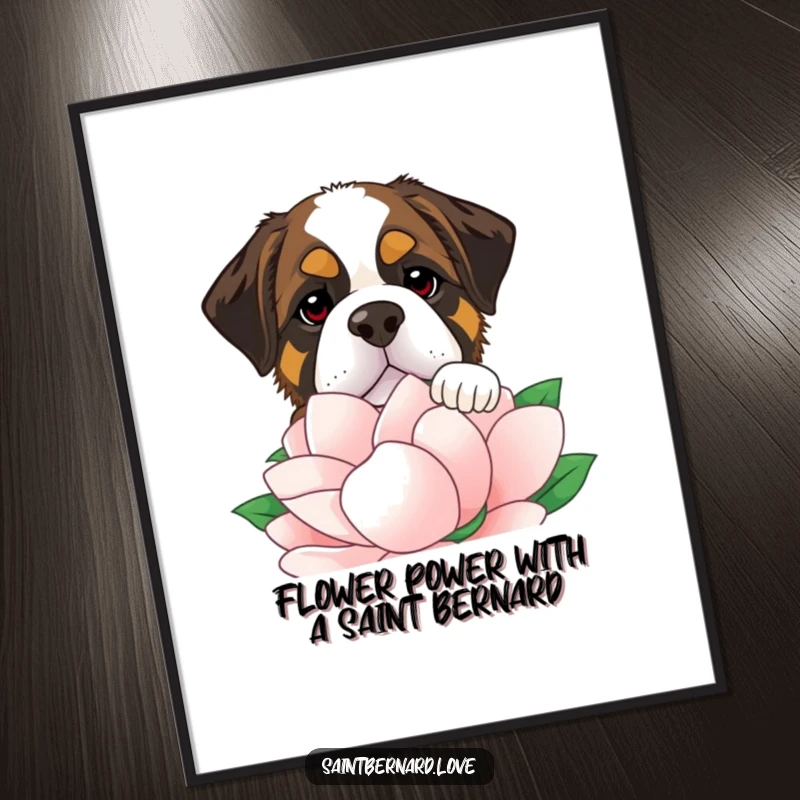 Funny Free Printable Wall Art of a Saint Bernard dog peeking over a huge flower, designed for charming and humorous home decor.