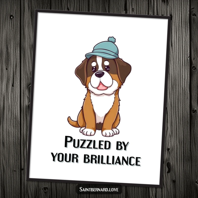 Funny Free Printable Wall Art: Saint Bernard dog wearing a small hat, tilting its head inquisitively.