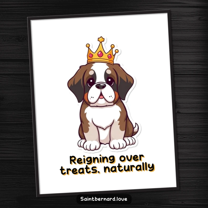 Funny Free Printable Wall Art: Kawaii Saint Bernard wearing a tiny crown, sitting proudly like royalty.