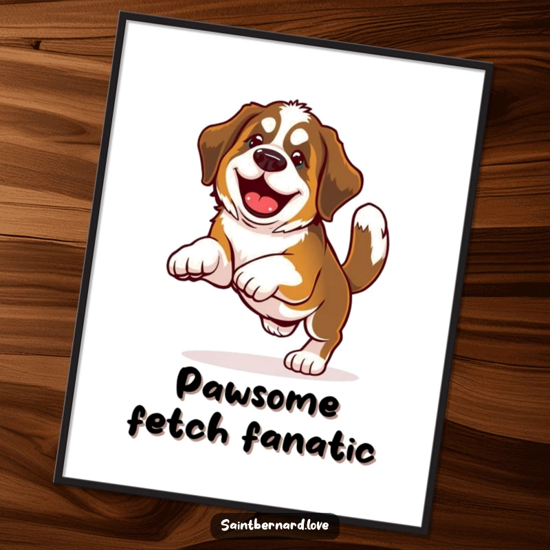 Funny Free Printable Wall Art depicting a Saint Bernard with a wagging tail enthusiastically playing fetch, exuding pure joy and energy.
