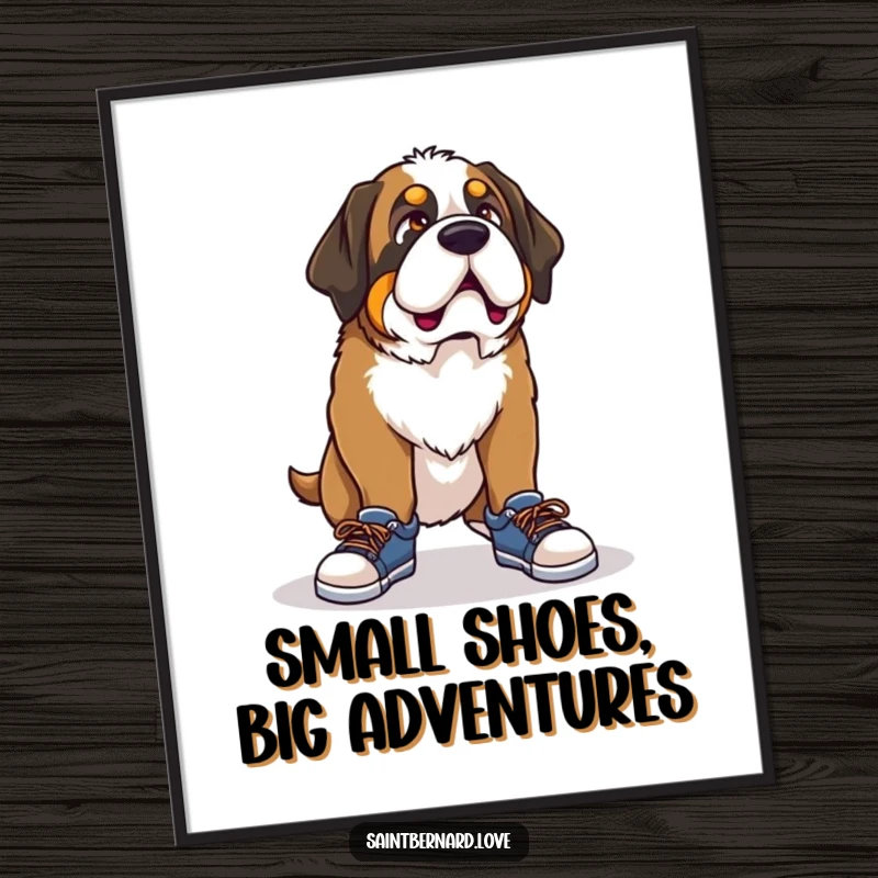 Funny Free Printable Wall Art: A Saint Bernard with a comical look tries to wear tiny shoes, creating a humorous and charming scene.