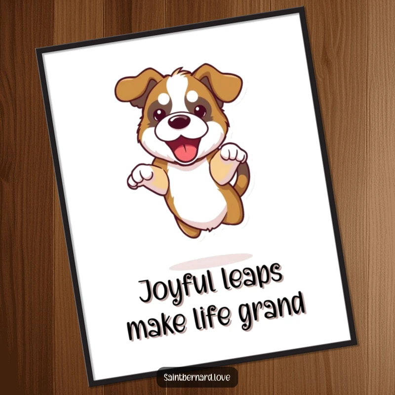 Funny Free Printable Wall Art: A kawaii Saint Bernard with delightful floppy ears is captured mid-jump, radiating pure happiness.