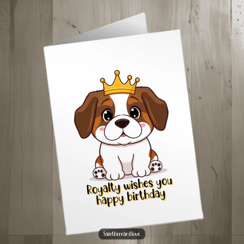 Funny Free Printable Birthday Card: Kawaii Saint Bernard in a tiny crown, sitting proudly like a king, ready to celebrate.