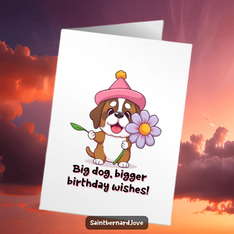 Funny free printable birthday card, Saint Bernard in a silly hat offers a giant flower, perfect for a laugh.