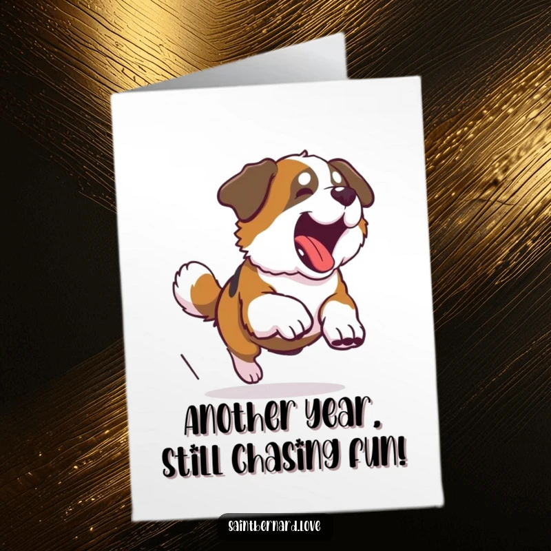 Funny Free Printable Birthday Card depicting a Saint Bernard dog in a comical spin, chasing its tail with pure joy.