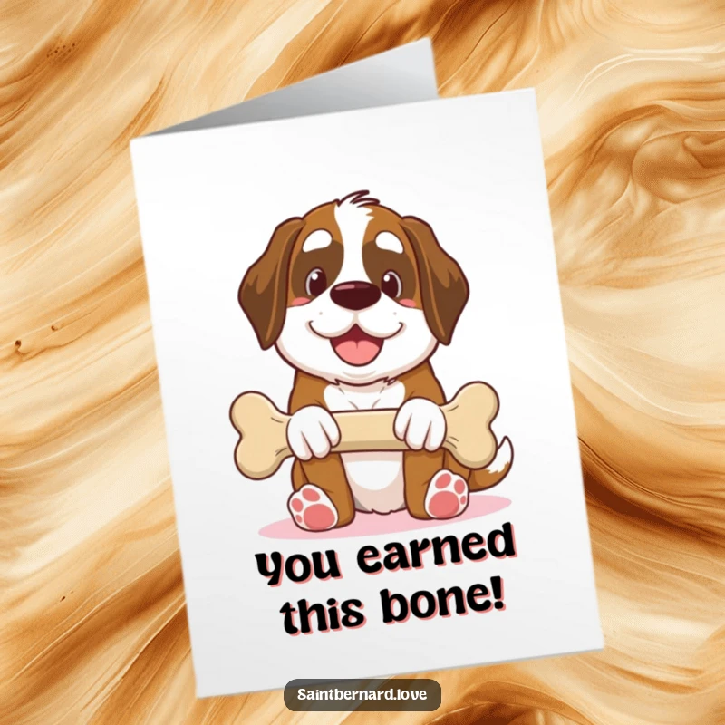 Free Printable Congratulations Card: Smiling Kawaii Saint Bernard presenting a very large bone, celebrating achievement.