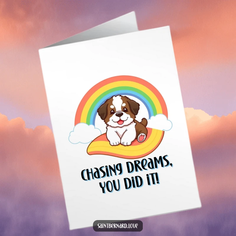 Funny Free Printable Congratulations Card: A fluffy Saint Bernard puppy slides gleefully down a bright, cartoon rainbow.