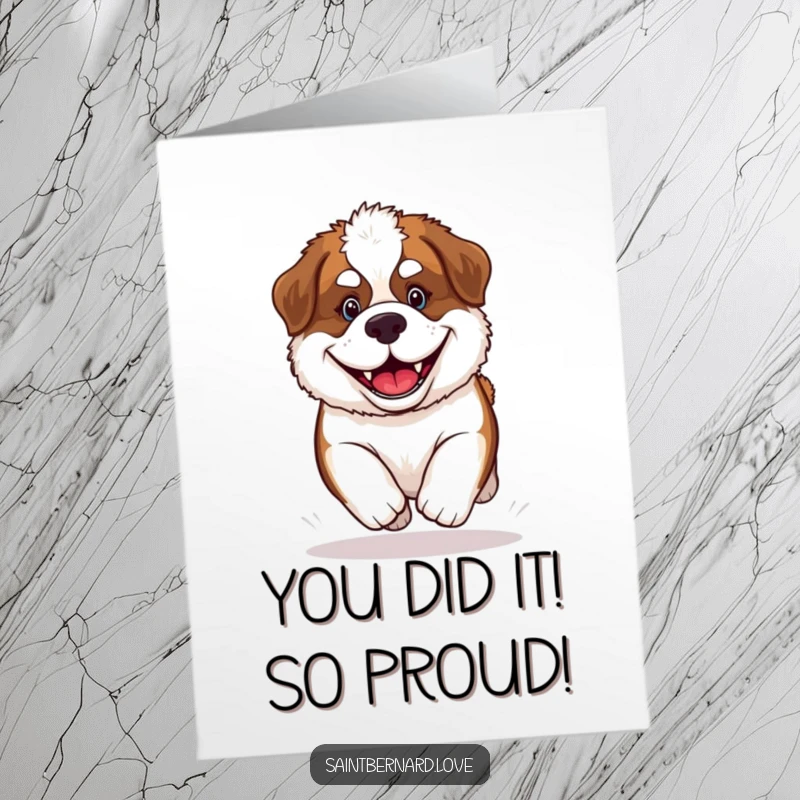 Funny Free Printable Congratulations Card: Adorable Saint Bernard puppy with a giant, happy grin, mid-race.