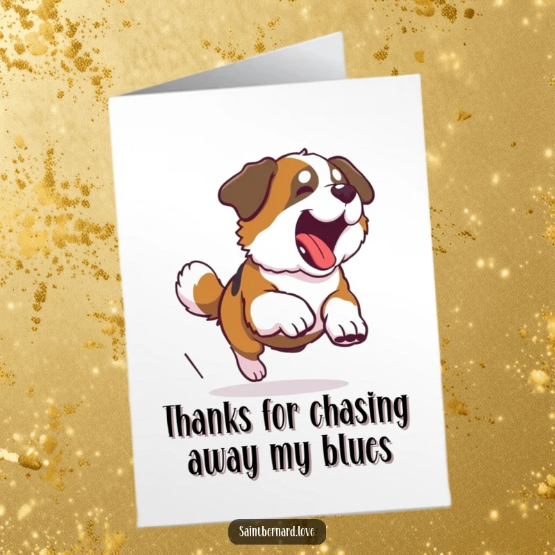 Funny Free Printable Thank You Card featuring a Saint Bernard dog in a funny pose, chasing its own tail with happy abandon.
