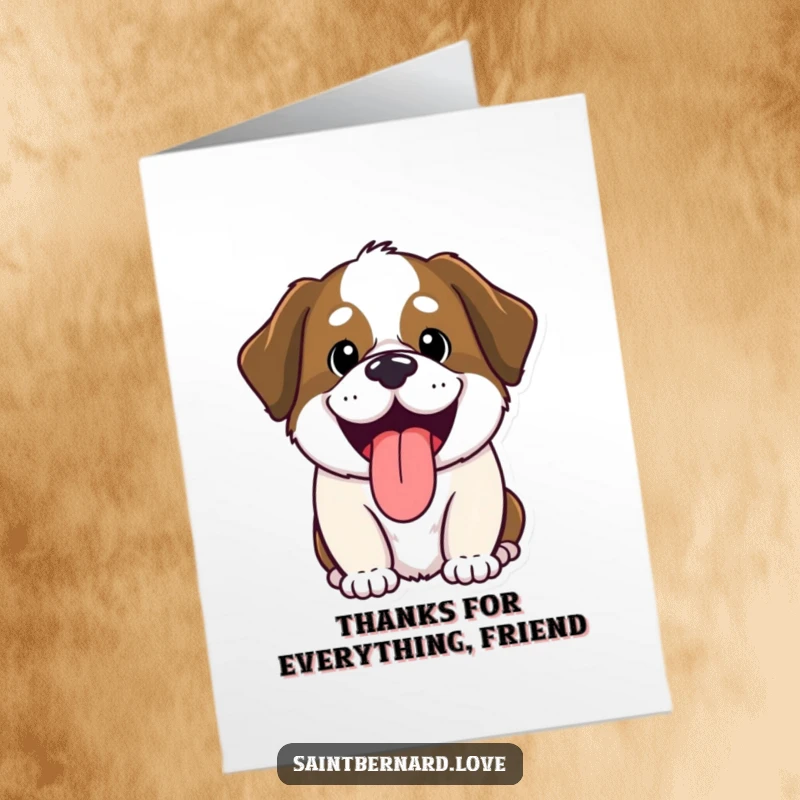 Funny Free Printable Thank You Card: Kawaii Saint Bernard with tongue out, offering thanks with a happy pant.