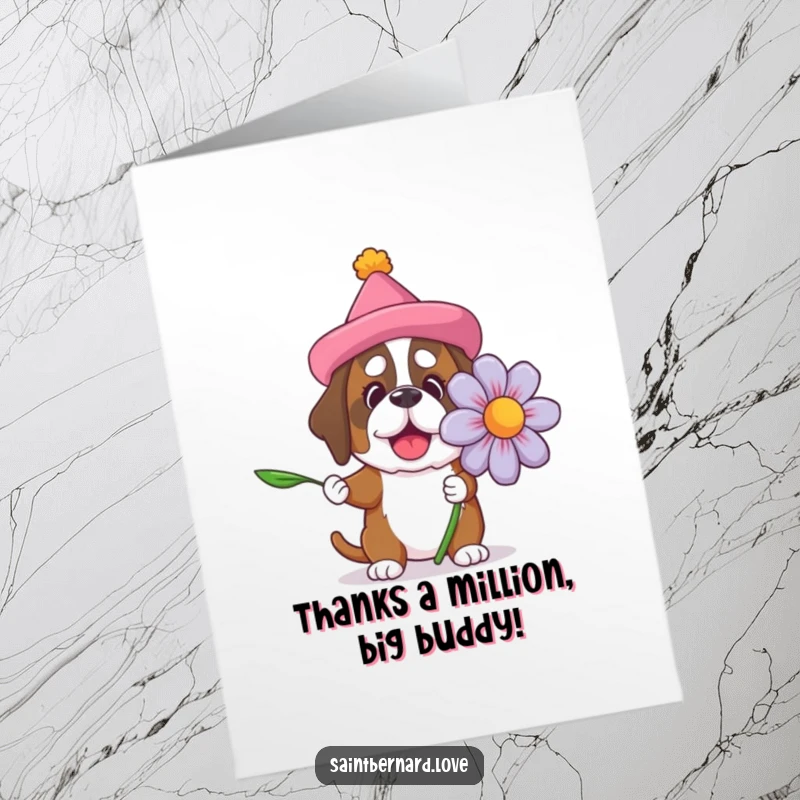 Funny free printable thank you card, Saint Bernard with silly hat offers a giant flower, heartfelt thanks.