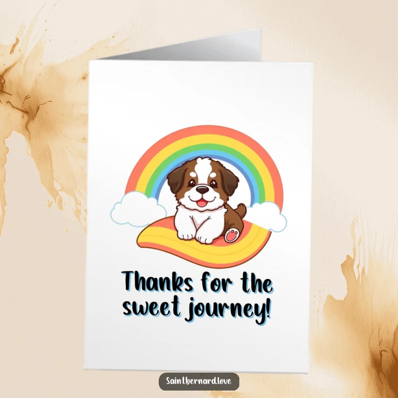 Funny Free Printable Thank You Card: A big, fluffy Saint Bernard puppy slides down a colorful cartoon rainbow, sending thanks.