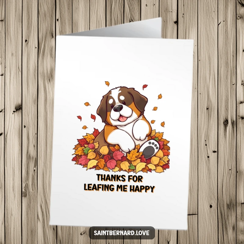 Funny Free Printable Thank You Card depicting a Saint Bernard dog having a blast, rolling in a pile of fallen leaves.