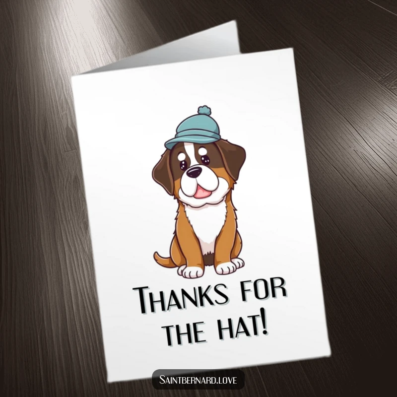 Funny Free Printable Thank You Card: Saint Bernard dog wearing a small hat, tilting its head curiously to say thanks.