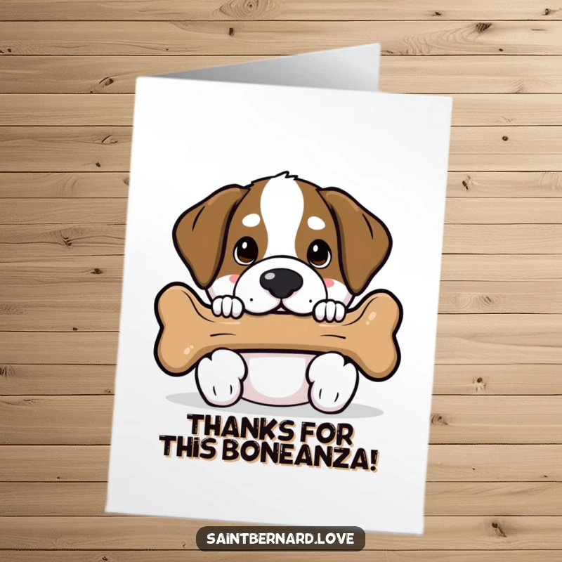 Funny Free Printable Thank You Card: Cute Kawaii Saint Bernard peeking from behind a large bone, expressing thanks playfully.