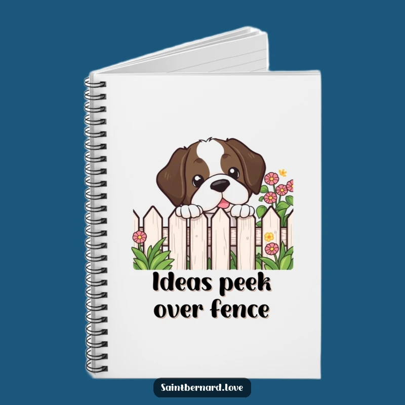 Capture your thoughts and observations in this funny kawaii Saint Bernard notebook, featuring a dog peeking over a garden fence. Perfect for secret keepers.