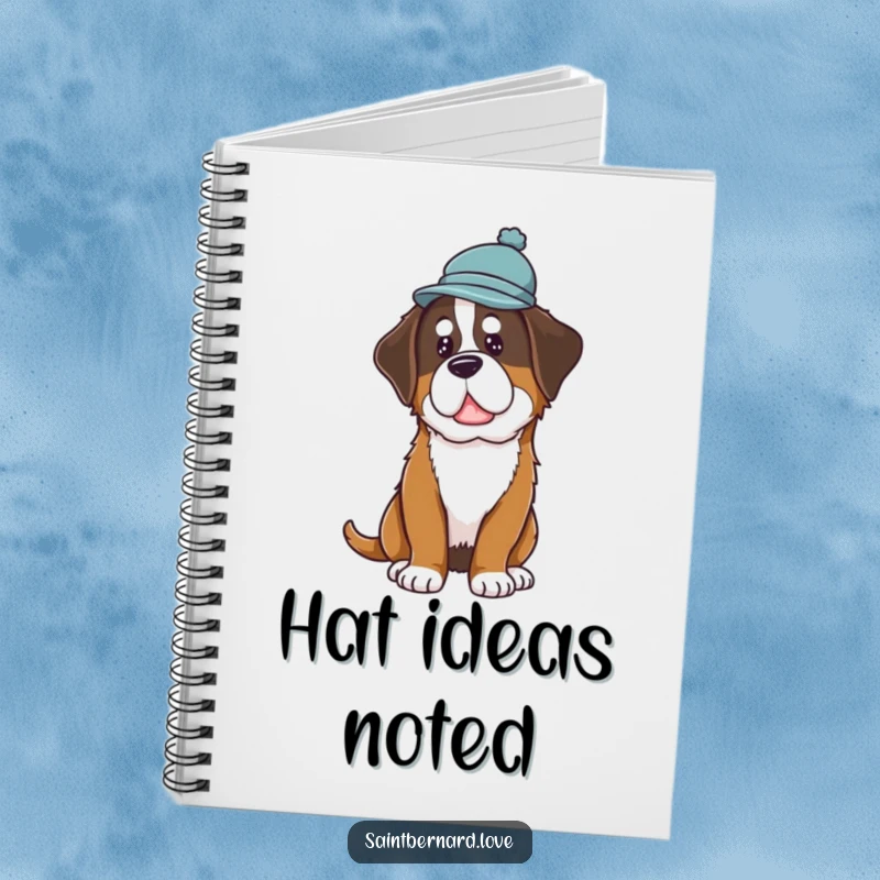 Funny Saint Bernard Hat Notebook with a dog in a hat tilting its head curiously, perfect for jotting down notes and ideas.