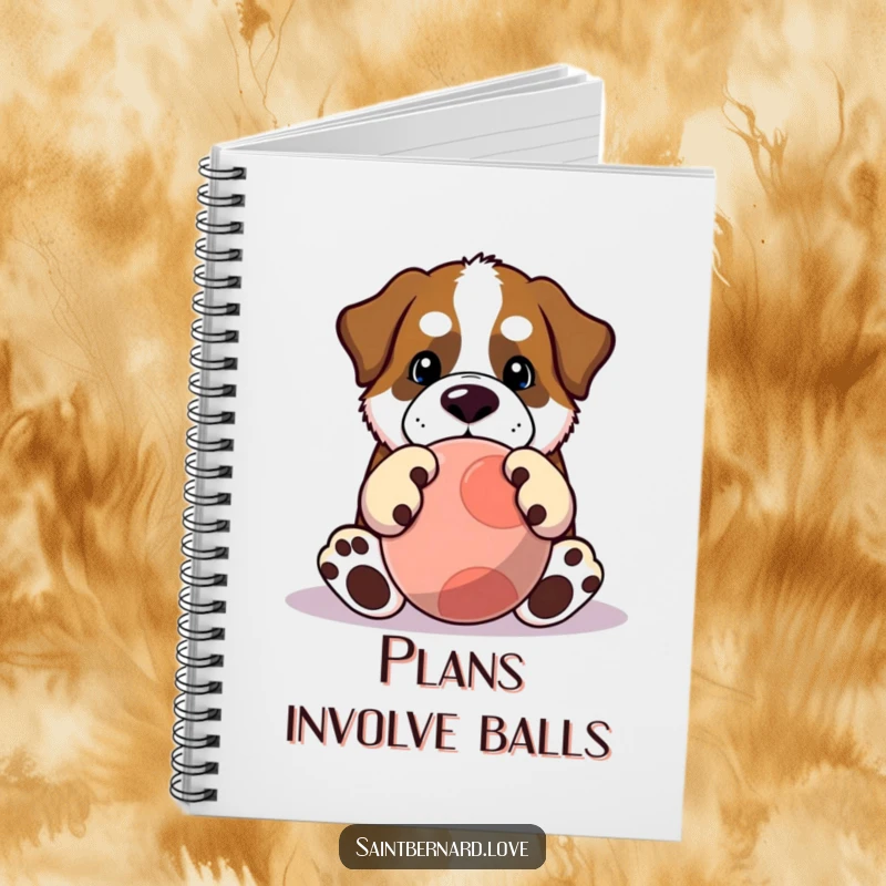 Funny Saint Bernard notebook with a Kawaii dog with huge paws playing with a large ball, ideal for jotting down ideas. A humorous stationery item.